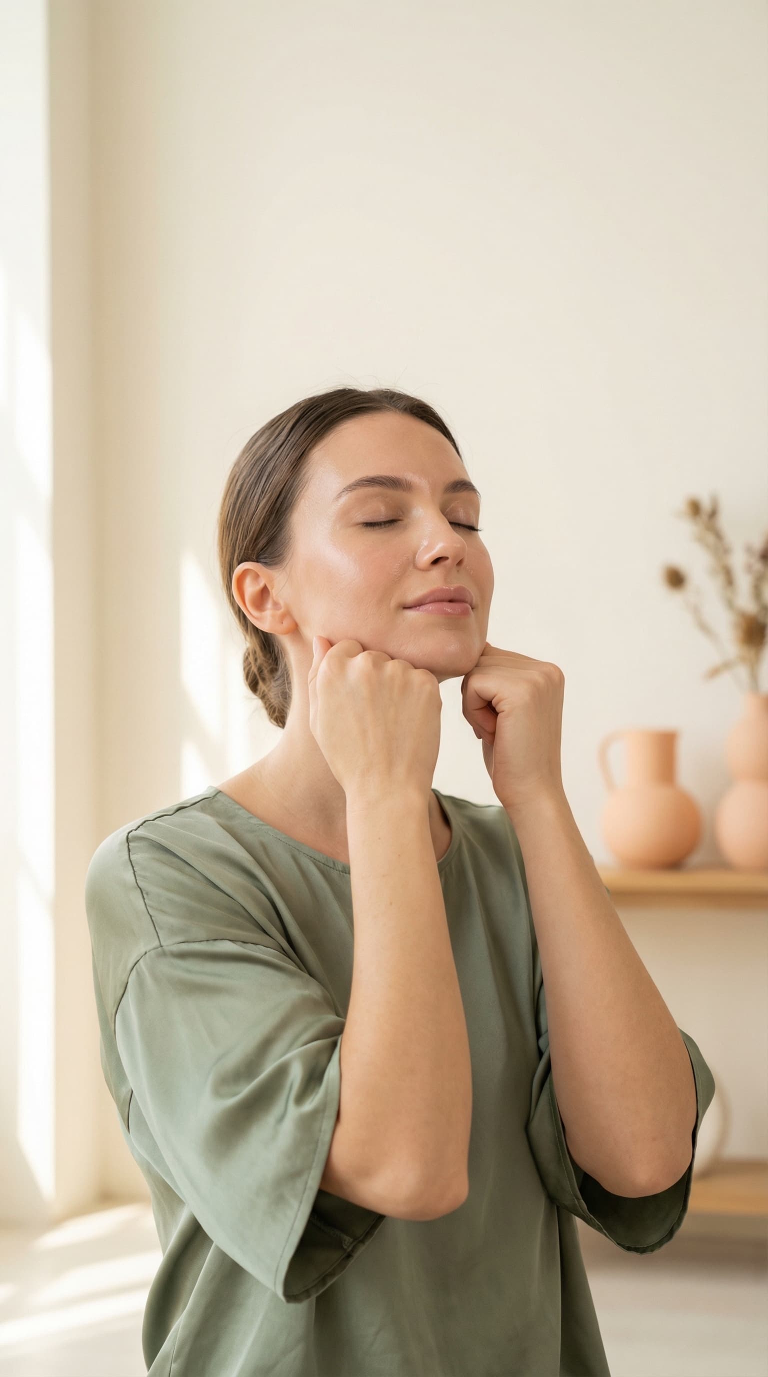 Woman practicing facial yoga with glowing skin
